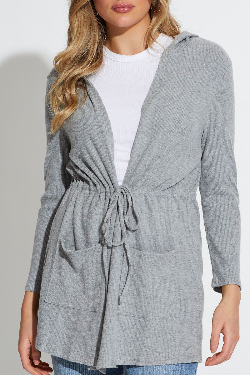 C&S HOODIE CARDIGAN Grey Knit Cardigan Long Sleeve for Women by Ally