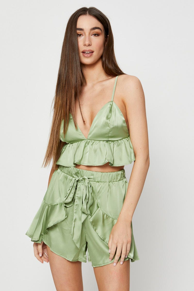 CAIM REGULAR SET Green Bralette Pyjamas Set Satin for Women by Ally