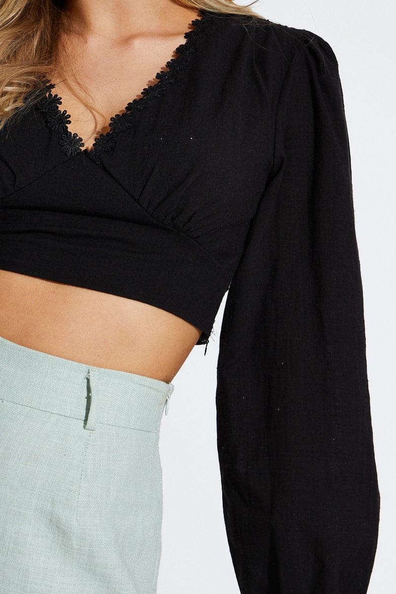 CAMI Black Crop Top Long Sleeve V-Neck for Women by Ally