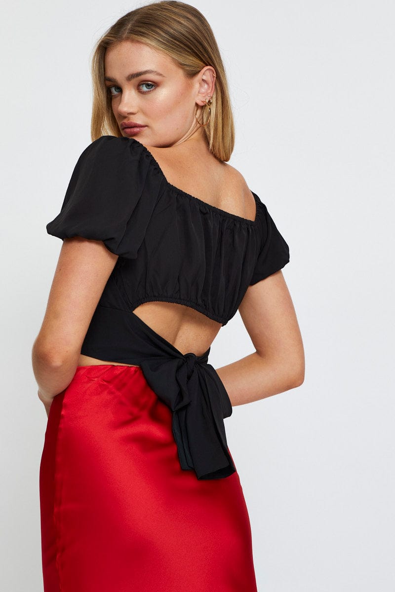 CAMI Black Crop Top Short Sleeve Tie Up for Women by Ally