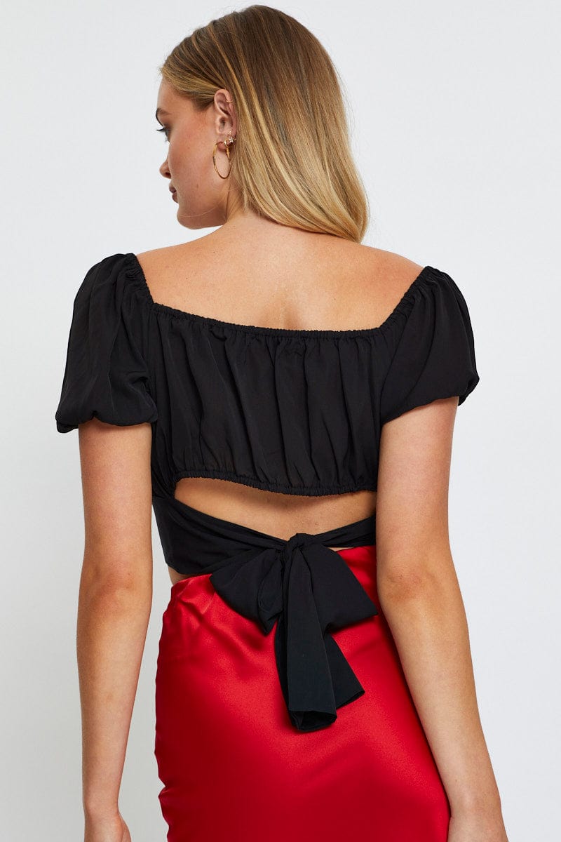 CAMI Black Crop Top Short Sleeve Tie Up for Women by Ally