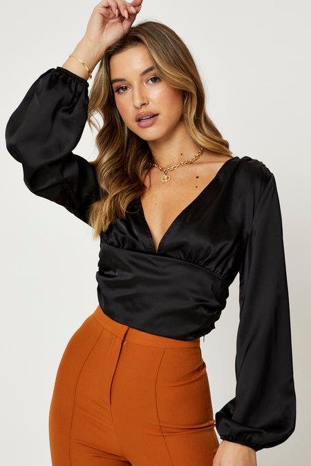 CAMI Black Long Sleeve Ruched Top for Women by Ally