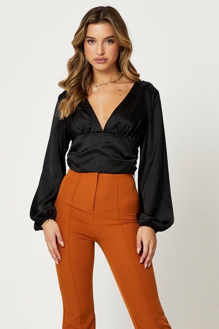 CAMI Black Long Sleeve Ruched Top for Women by Ally