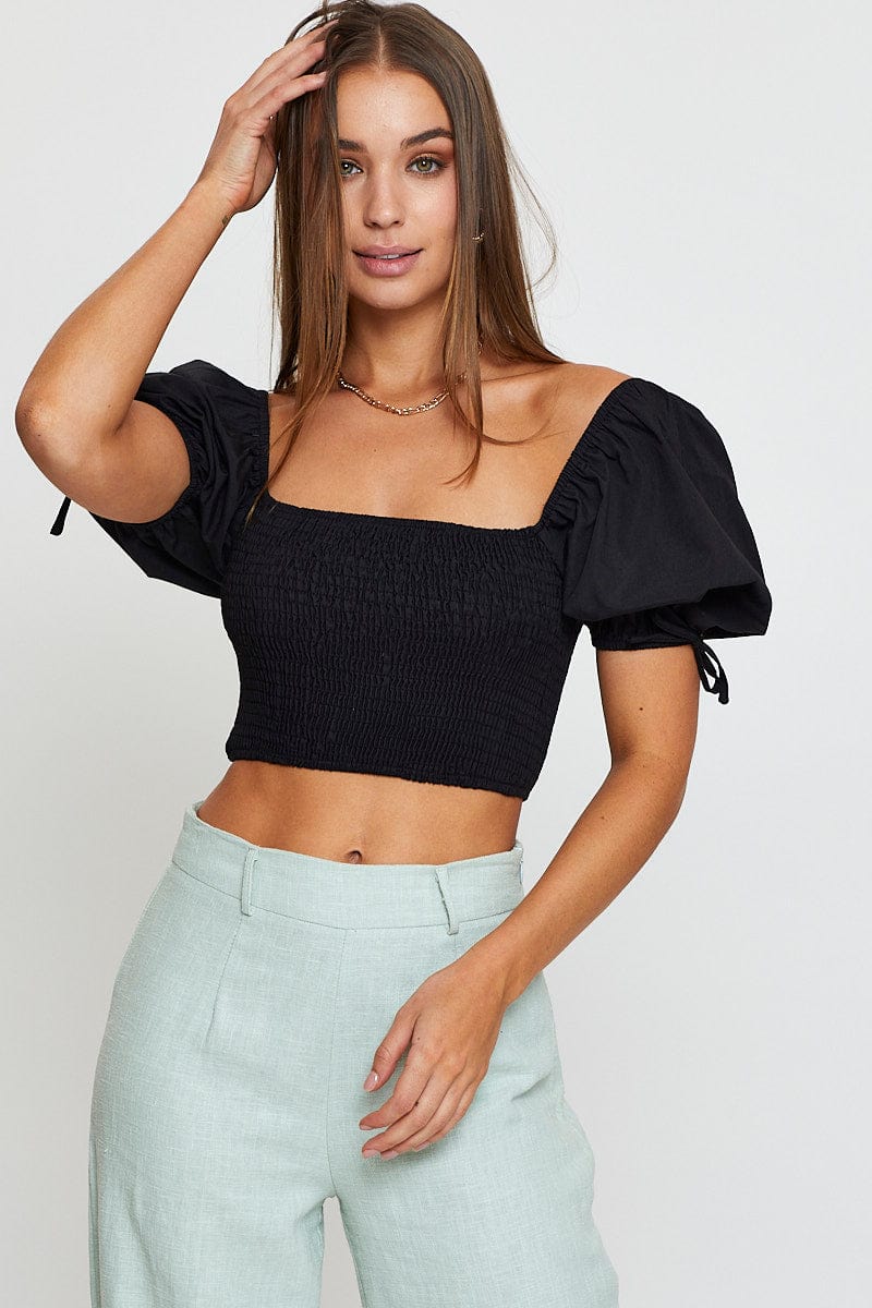 CAMI Black Puff Sleeve Top Short Sleeve Crop for Women by Ally