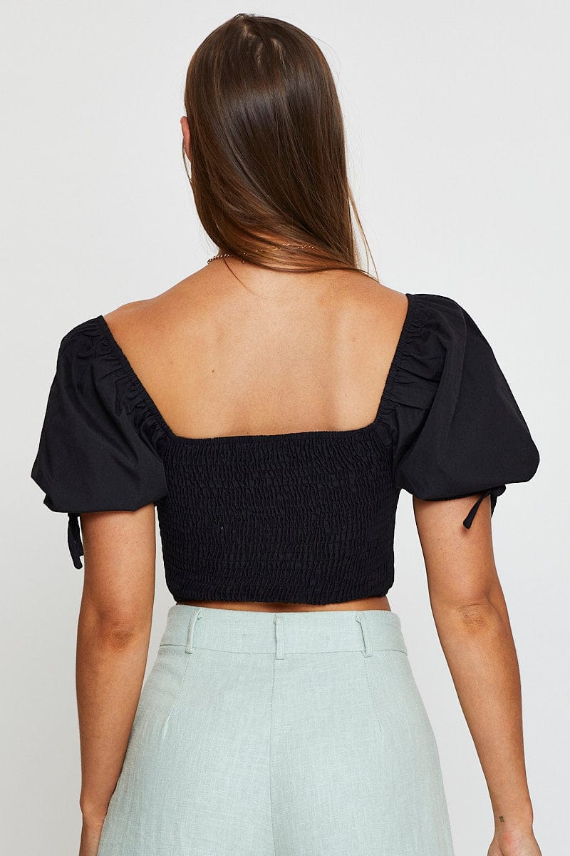 CAMI Black Puff Sleeve Top Short Sleeve Crop for Women by Ally