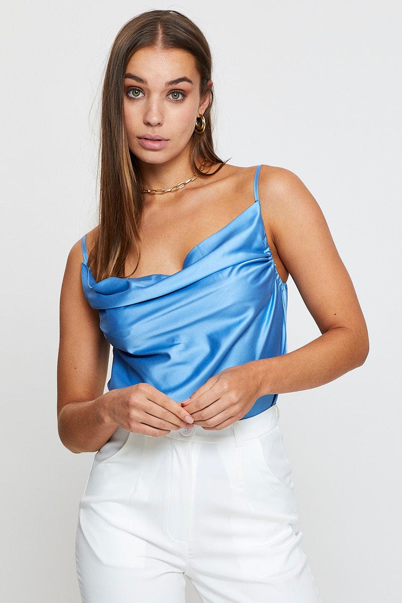 CAMI Blue Cami Top Sleeveless Cowl Neck for Women by Ally