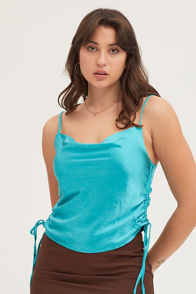 CAMI Blue Cami Top Sleeveless Cowl Neck Satin for Women by Ally