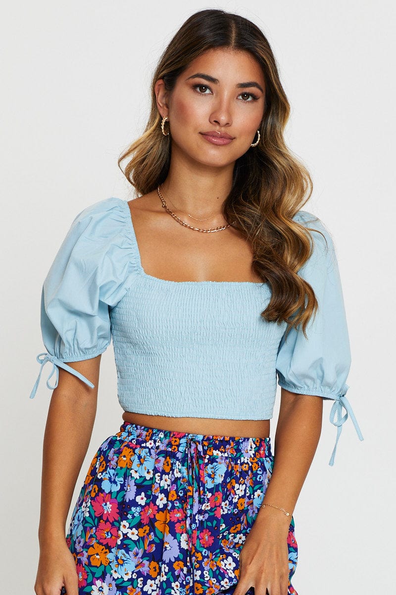 CAMI Blue Puff Sleeve Top Short Sleeve Crop for Women by Ally
