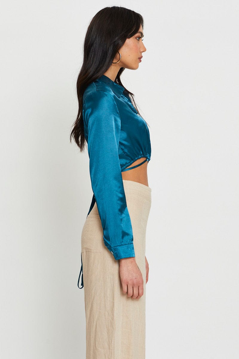 CAMI Blue Wrap Blouse Long Sleeve Collared Satin for Women by Ally