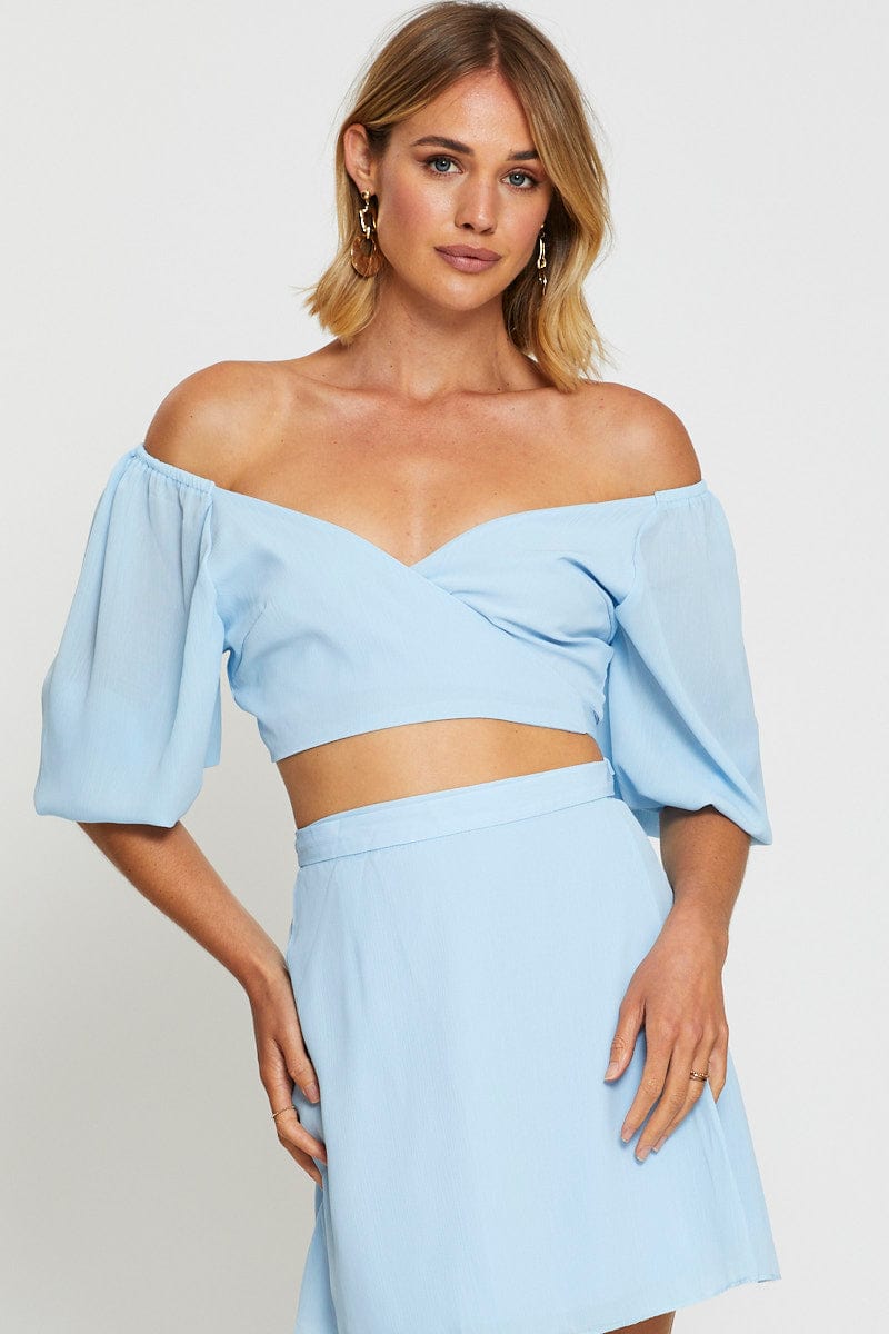 CAMI Blue Wrap Top Off Shoulder Crop for Women by Ally