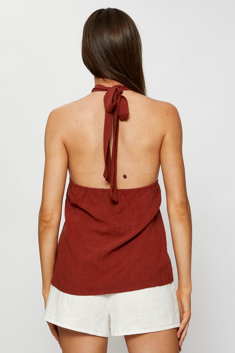 CAMI Brown Halter Top Sleeveless Tie Up for Women by Ally