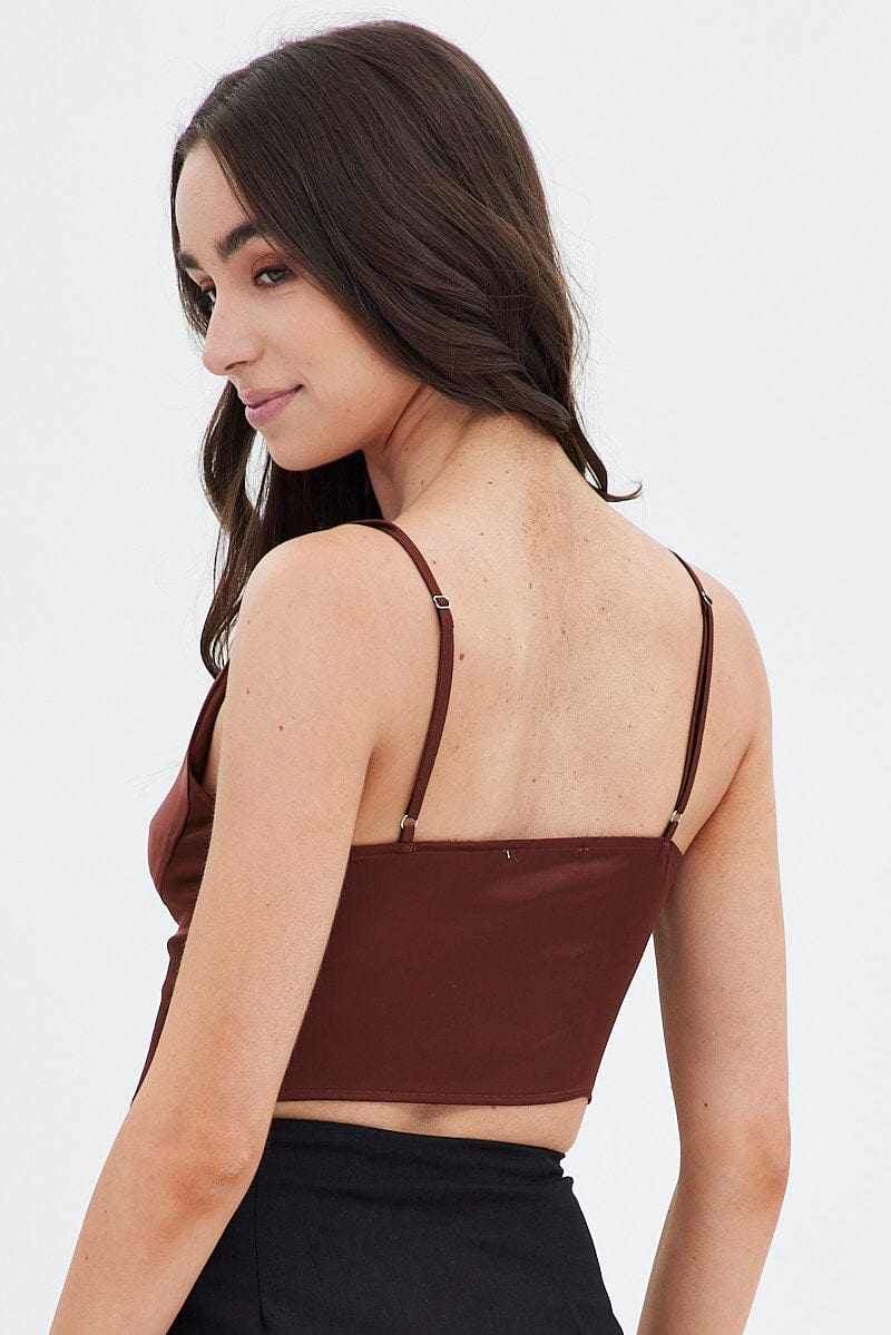 Brown Sleeveless Satin Cami Top for Ally Fashion