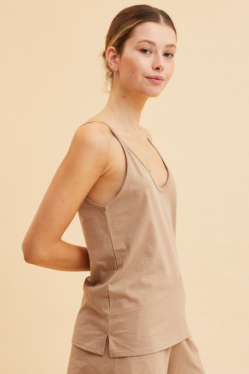 CAMI Camel V Neck Singlet Cotton Relaxed Fit for Women by Ally