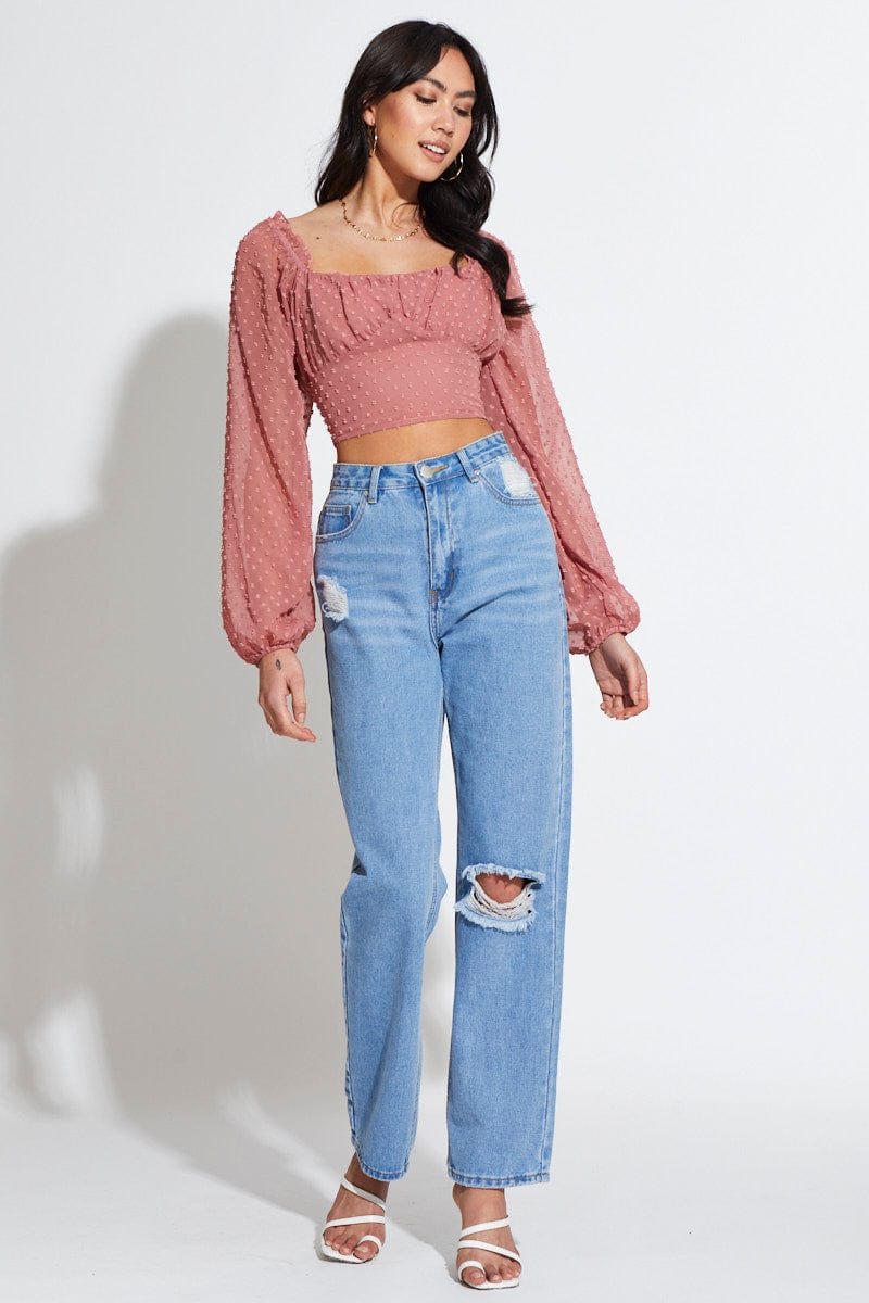 Pink Crop Top Long Sleeve Square Neck