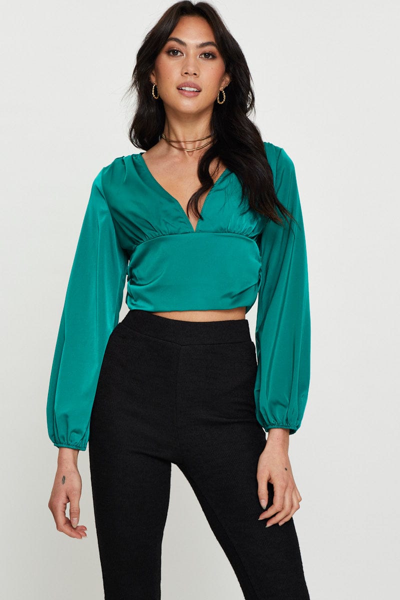 Green Ruff Top Women’s Green Long Sleeve Ruched Top | Ally Fashion