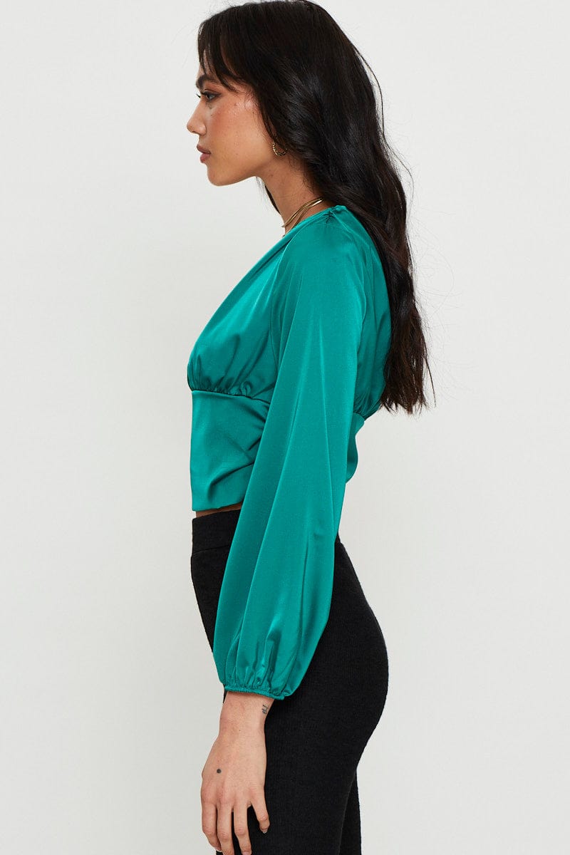 CAMI Green Long Sleeve Ruched Top for Women by Ally