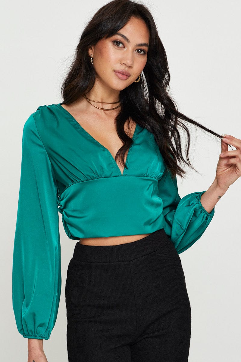 Green Ruff Top Women’s Green Long Sleeve Ruched Top | Ally Fashion