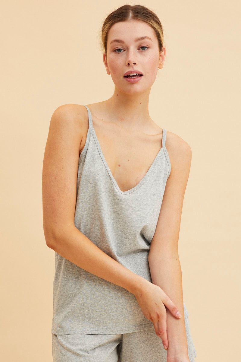 Women's Grey V Neck Singlet Cotton Relaxed Fit