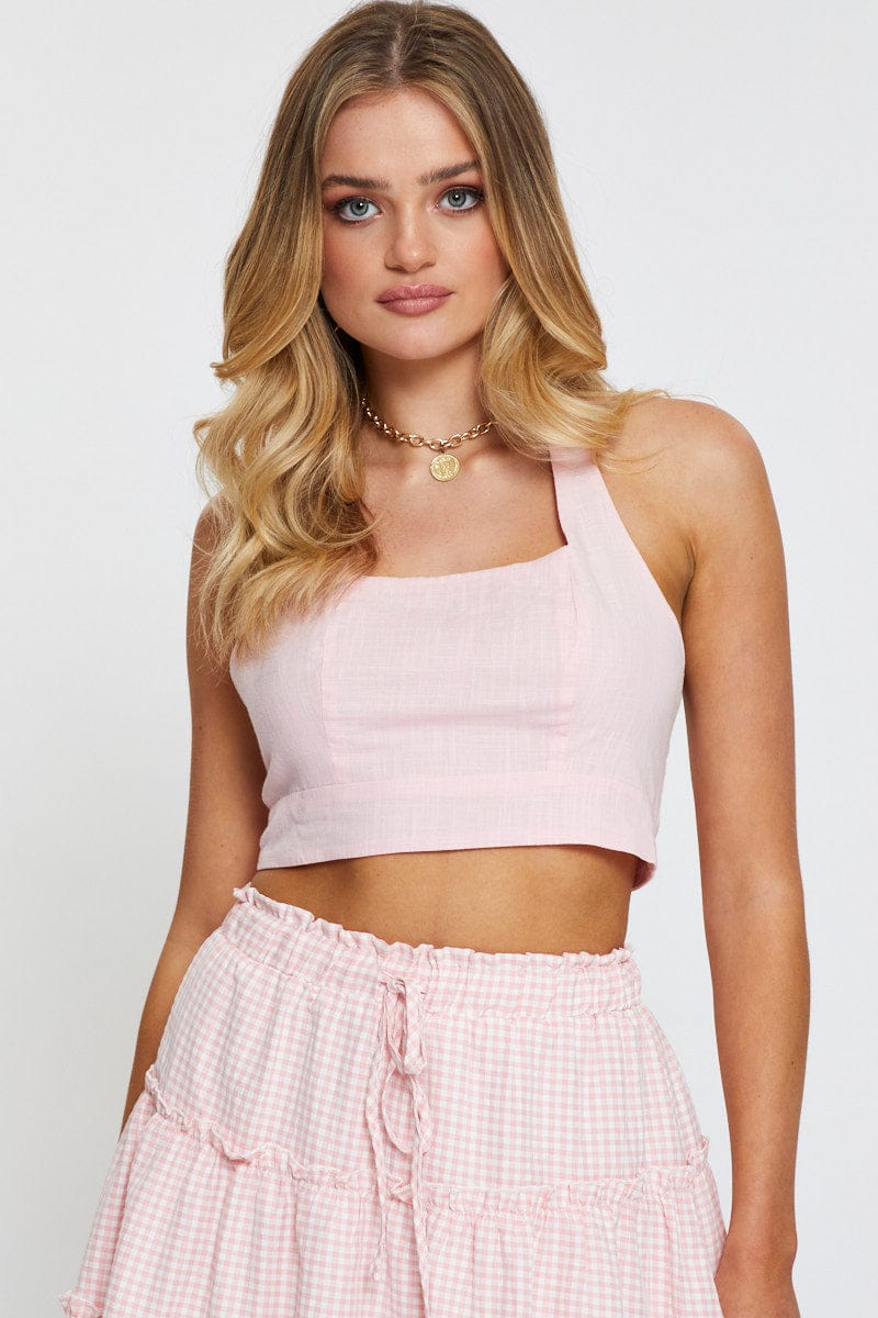 CAMI Pink Halter Top Sleeveless Crop for Women by Ally
