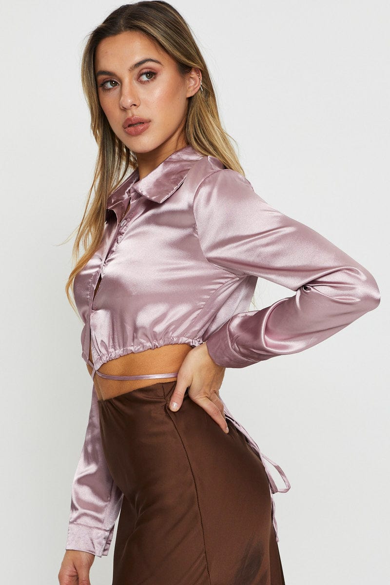 CAMI Pink Wrap Blouse Long Sleeve Collared Satin for Women by Ally