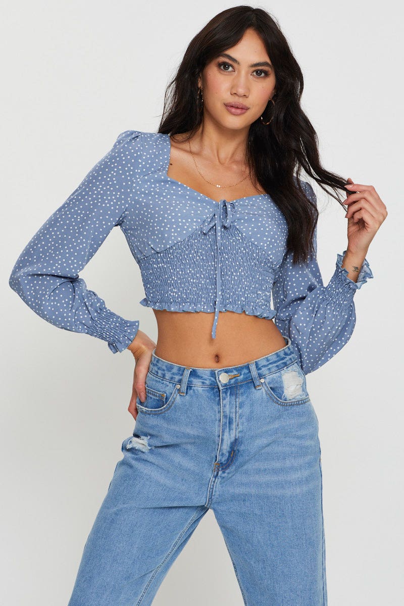 CAMI Print Crop Top Long Sleeve Square Neck for Women by Ally