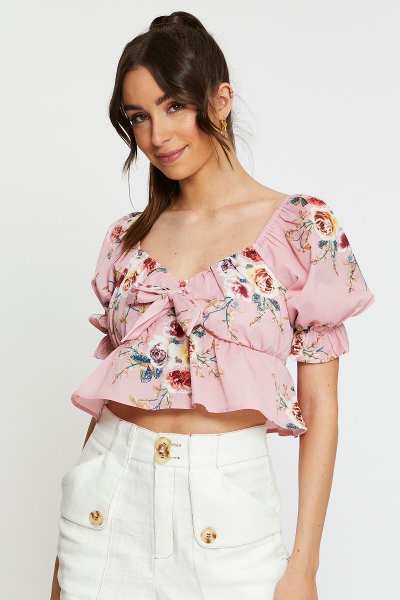 CAMI Print Crop Top Short Sleeve Tie Up for Women by Ally