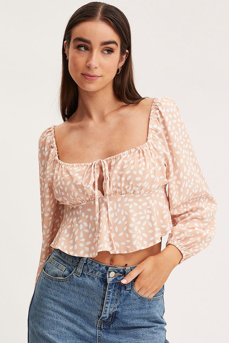 CAMI Print Tie Front Top Long Sleeve Crop for Women by Ally