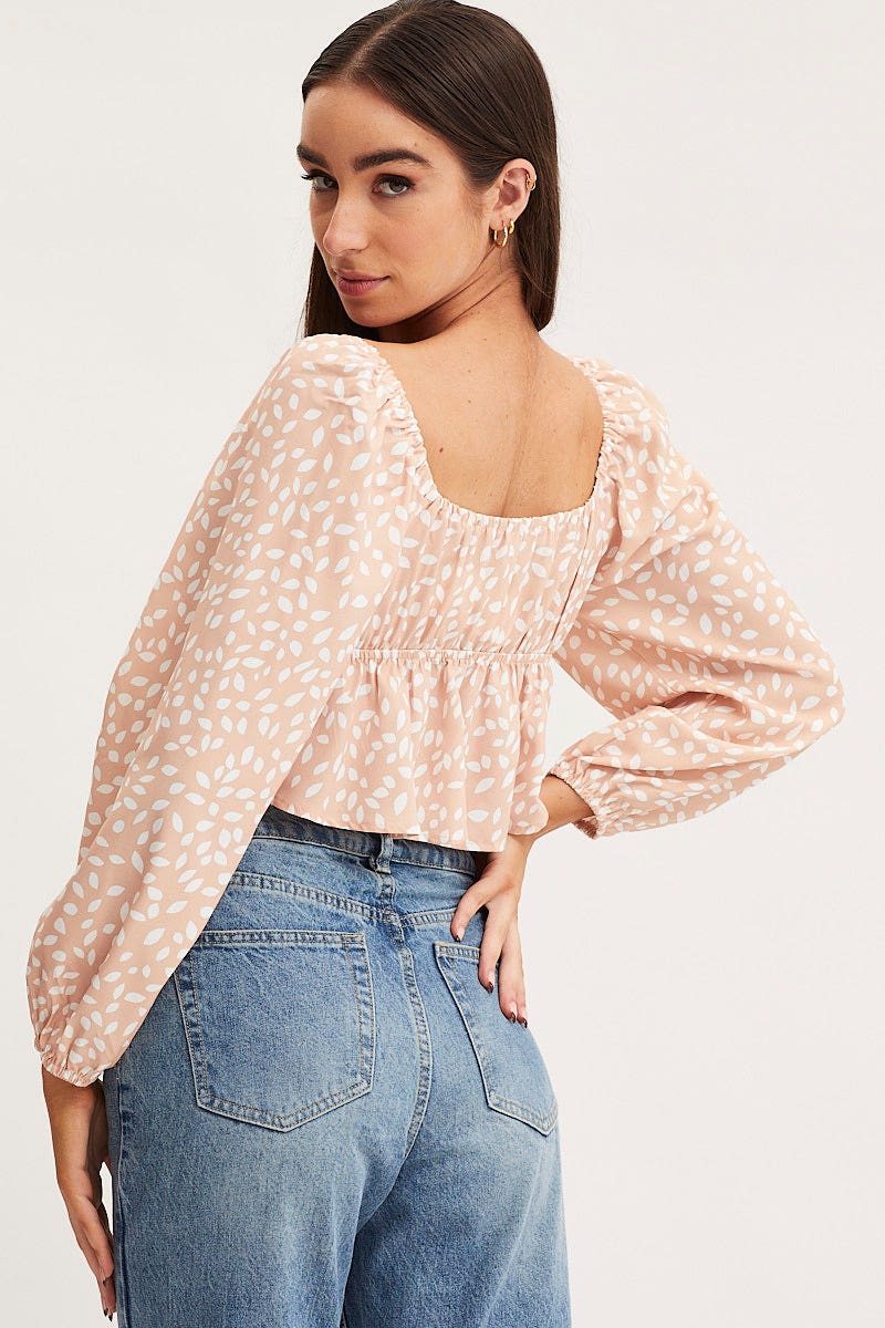 CAMI Print Tie Front Top Long Sleeve Crop for Women by Ally