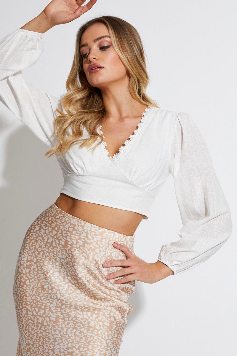 CAMI White Crop Top Long Sleeve V-Neck for Women by Ally