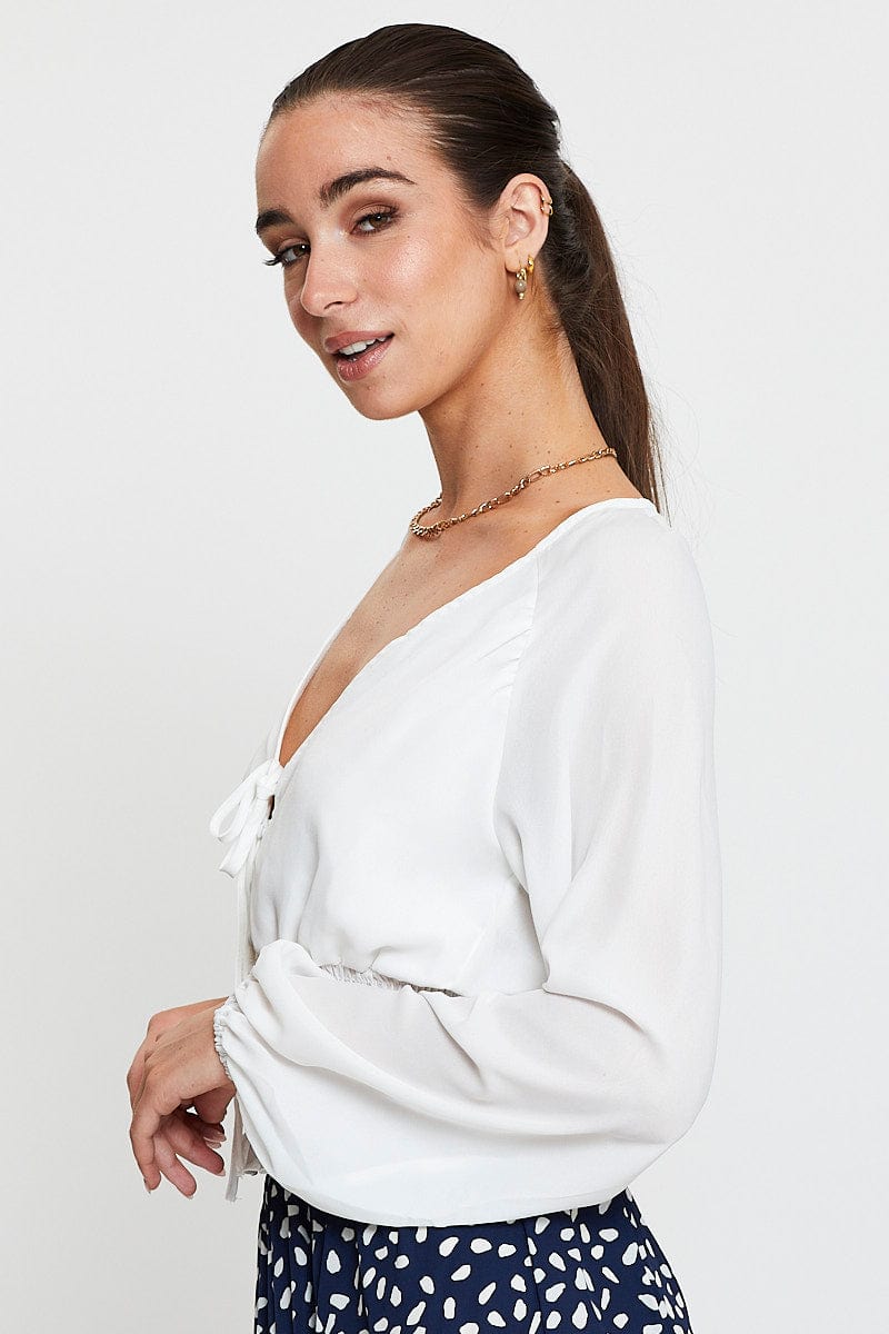Women's White Crop Top Long Sleeve V-Neck