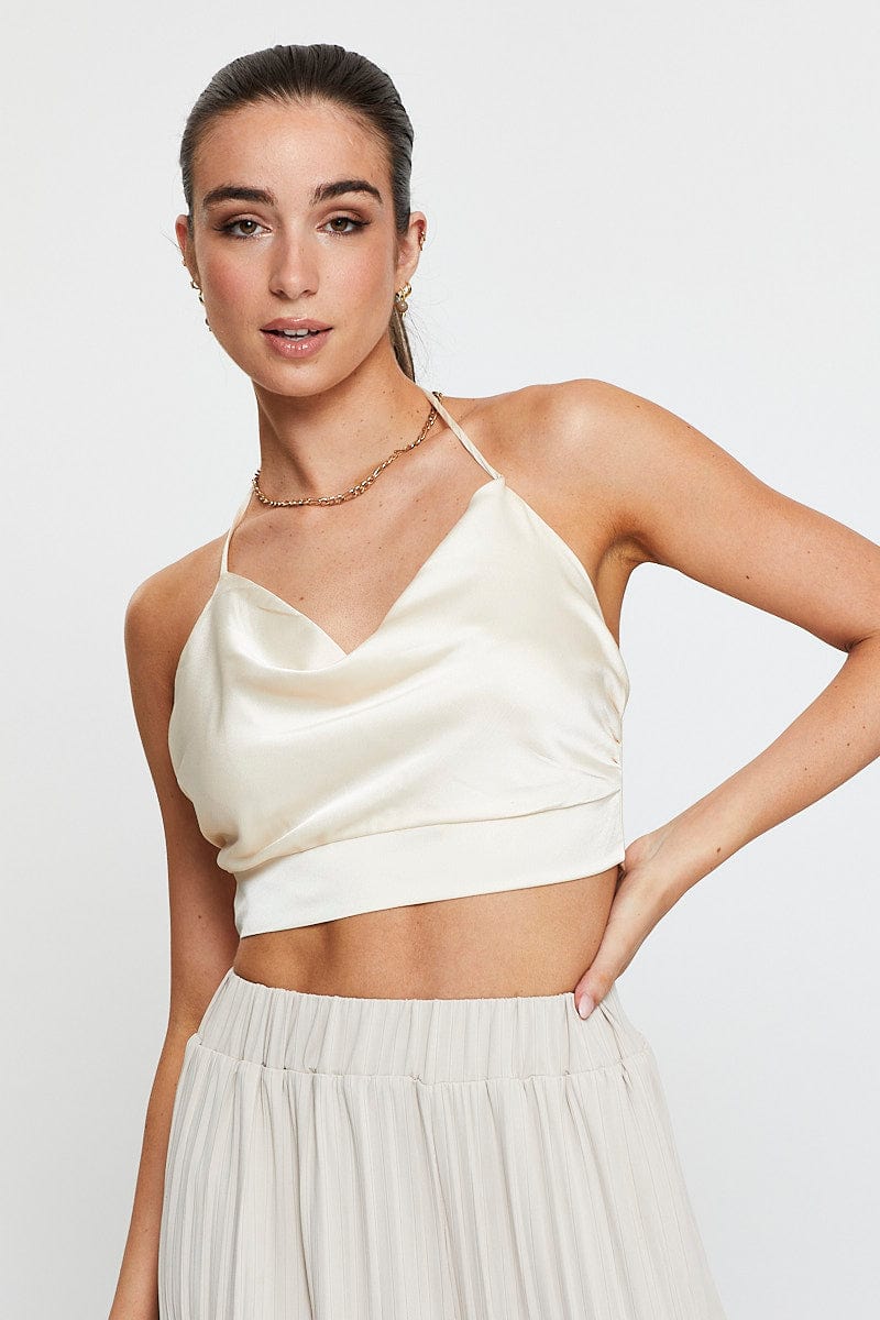 CAMI White Crop Top Sleeveless Cowl Neck Satin for Women by Ally