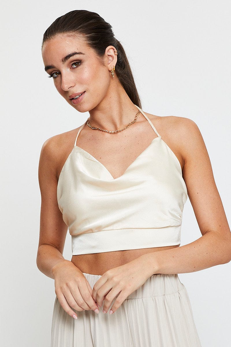 CAMI White Crop Top Sleeveless Cowl Neck Satin for Women by Ally