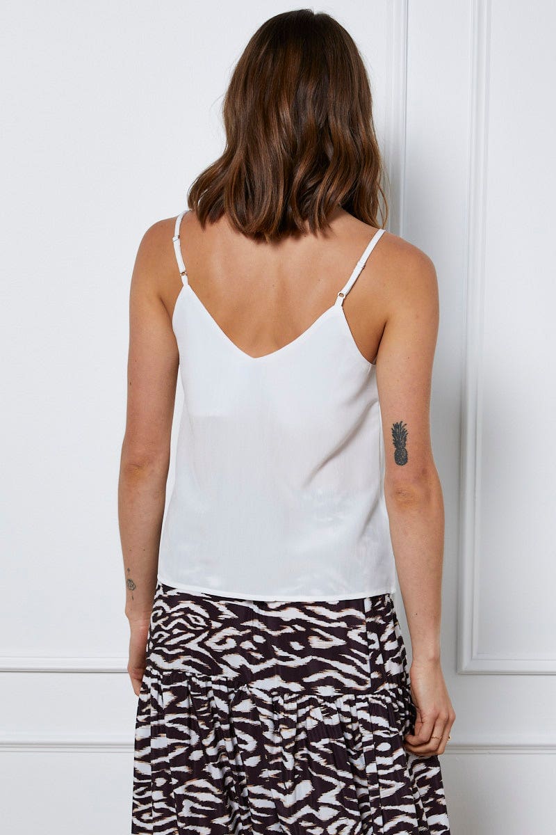 CAMI White Singlet Top Sleeveless V-Neck Linen for Women by Ally