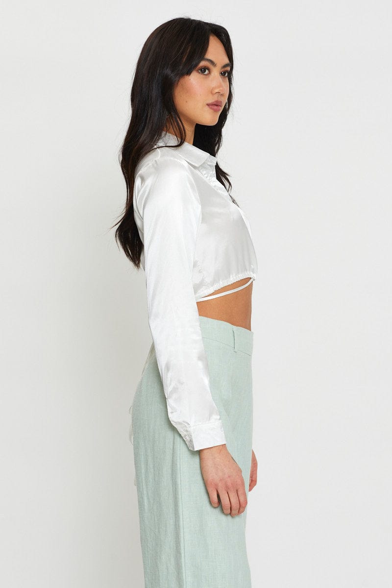 CAMI White Wrap Blouse Long Sleeve Collared Satin for Women by Ally