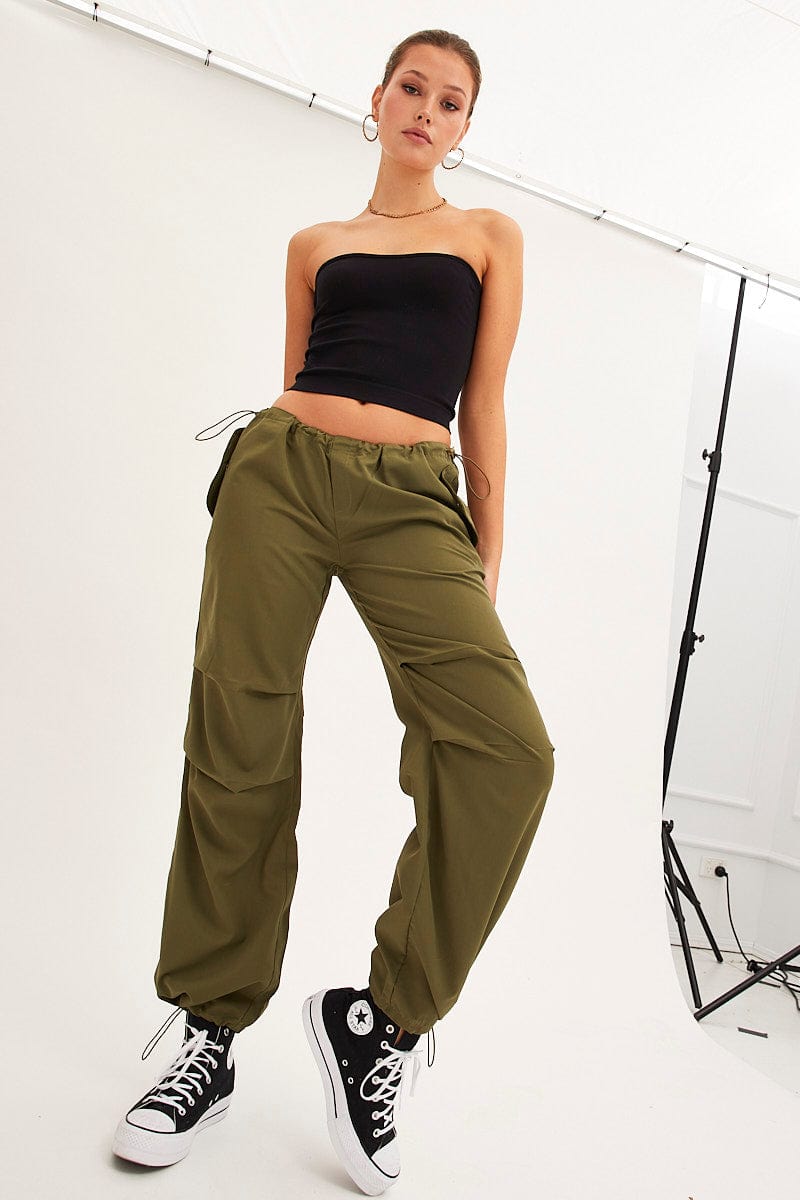 CARGO PANT Green Cargo Parachute Low Rise Pants for Women by Ally