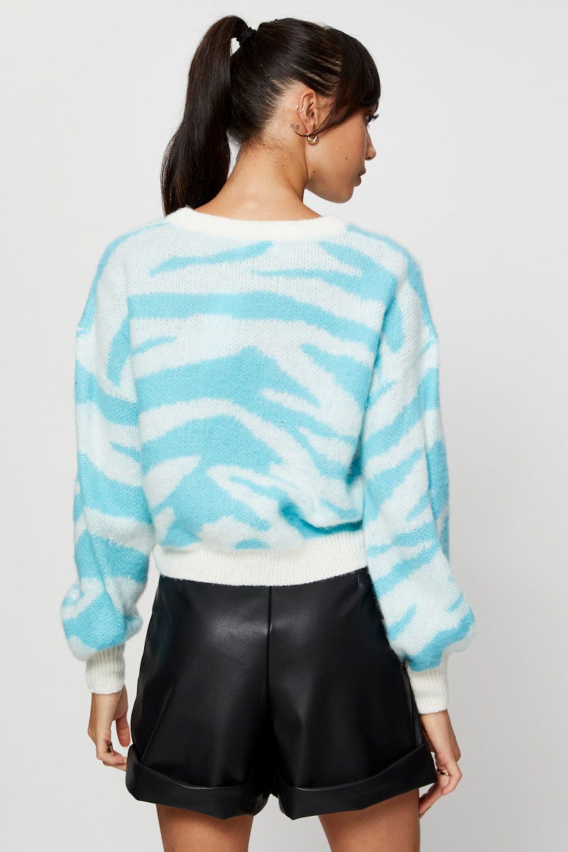 CHUNKY KNITTED Blue Abstract Print Knit Top Long Sleeve Relaxed Round Neck for Women by Ally