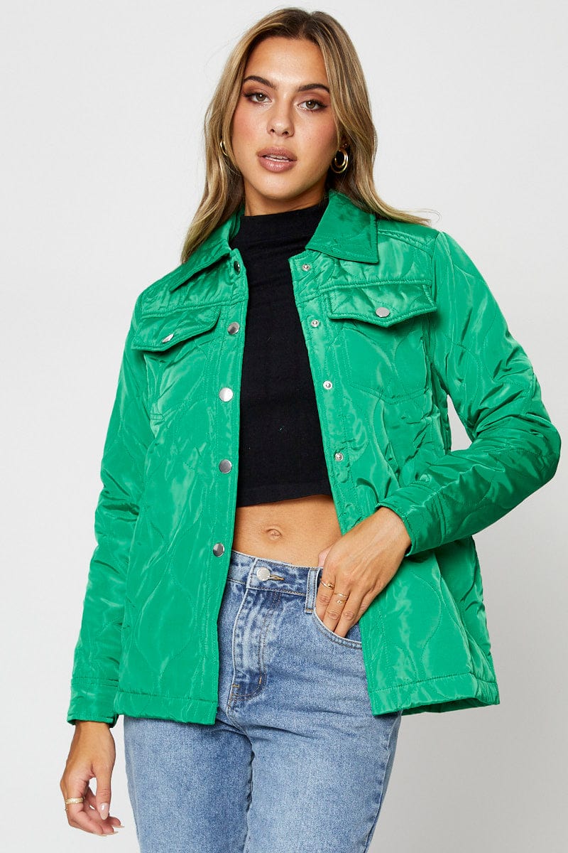Women’s Green Quilted Jacket Long Sleeve Collared | Ally Fashion