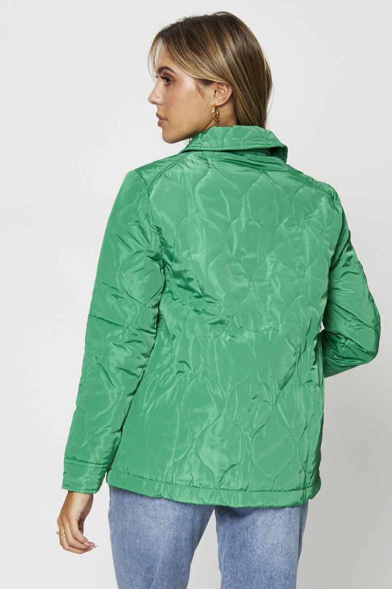 COAT Green Quilted Jacket Long Sleeve Collared for Women by Ally