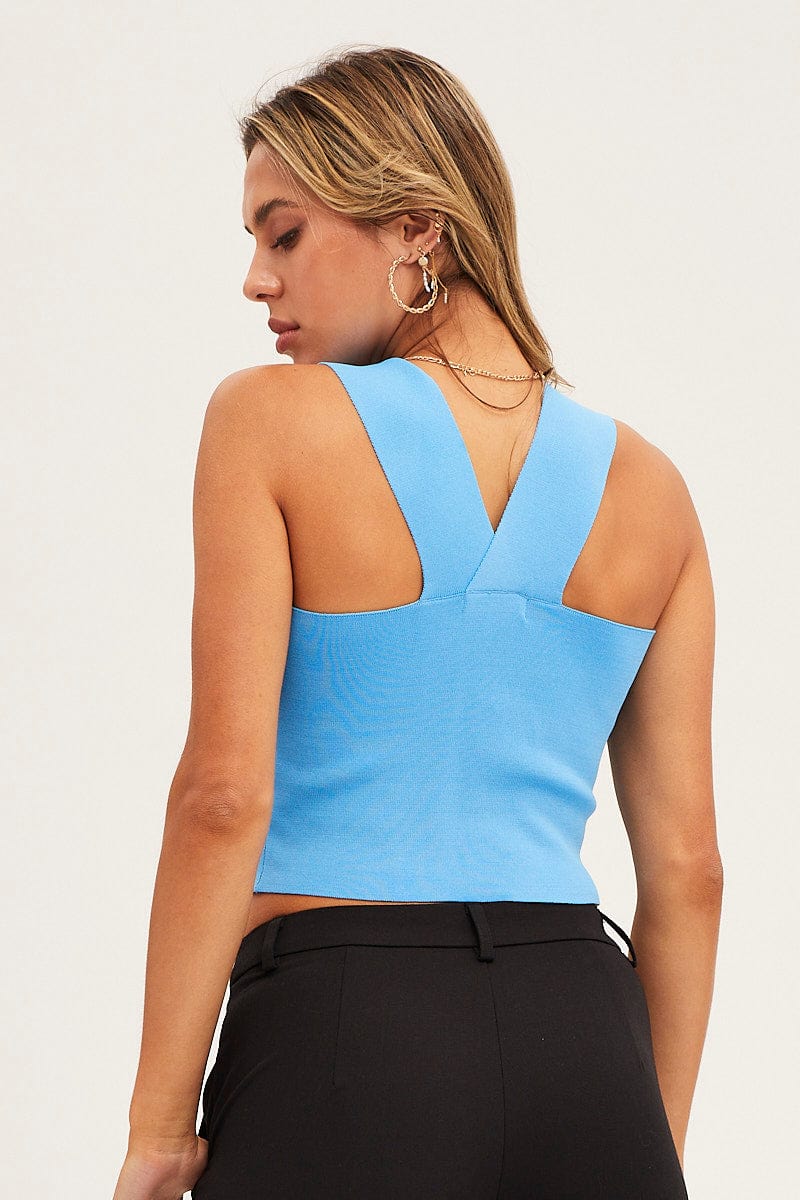 CROP KNITTED Blue Knit Top Sleeveless Crop Square Neck for Women by Ally