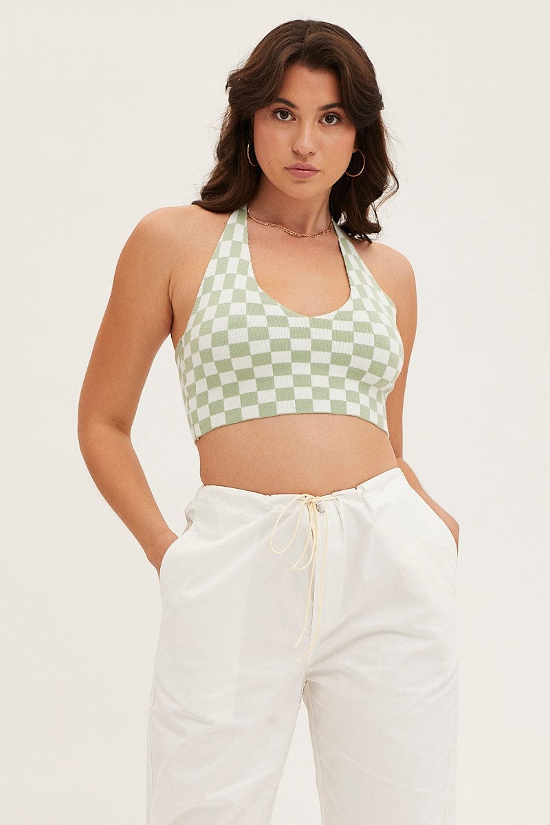 CROP KNITTED Check Knit Top Halter for Women by Ally