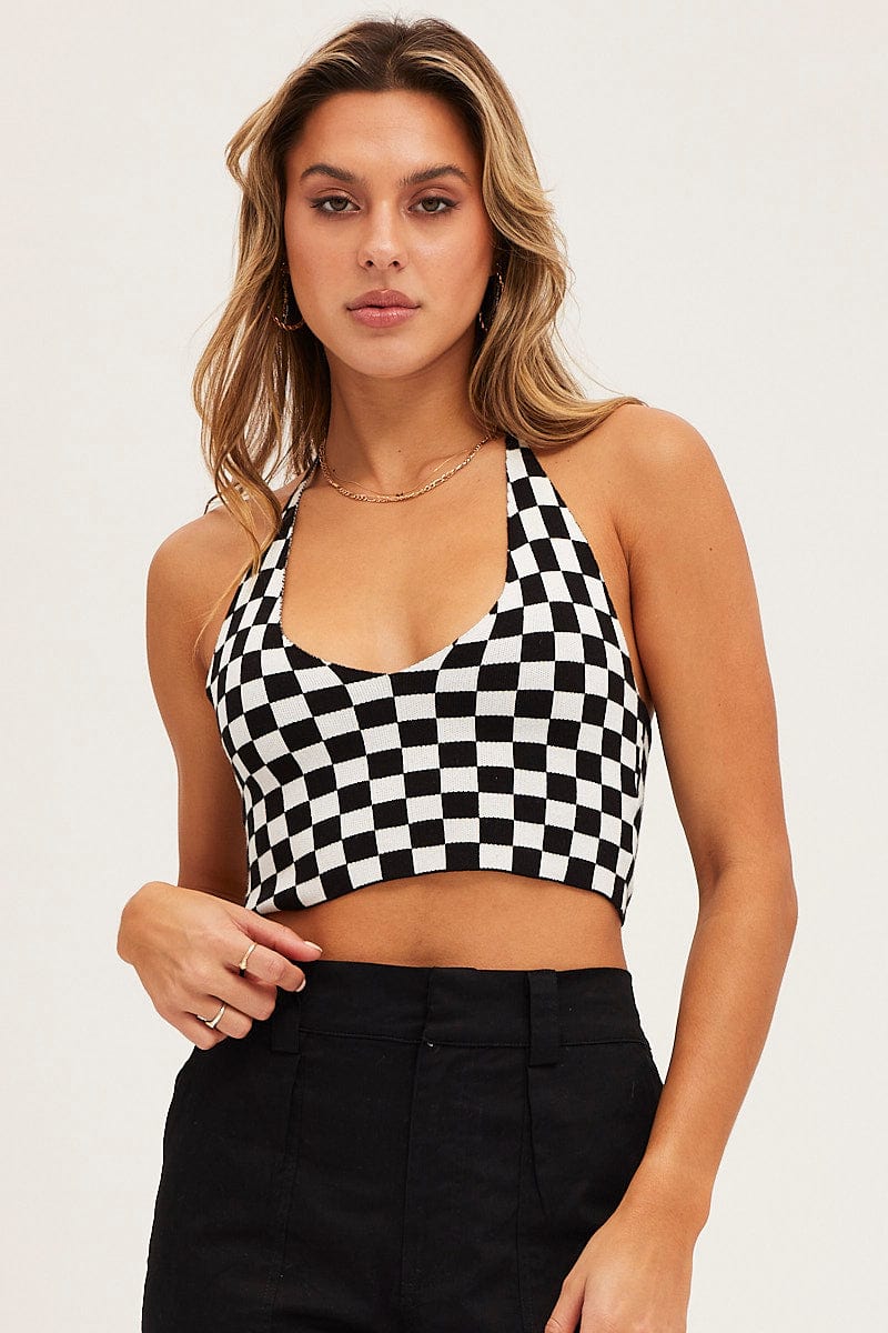 CROP KNITTED Check Knit Top Halter for Women by Ally