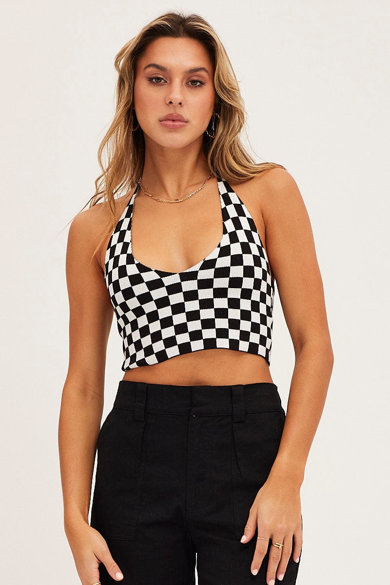 CROP KNITTED Check Knit Top Halter for Women by Ally