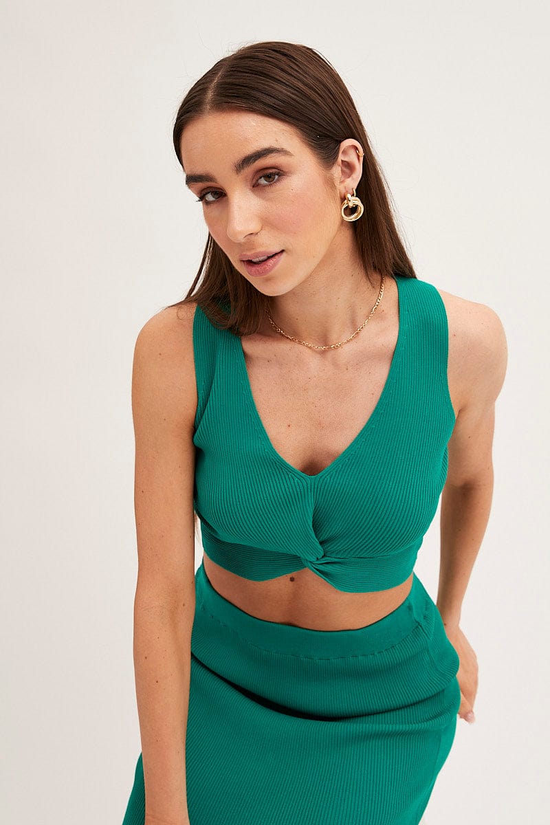 CROP KNITTED Green Knit Top Crop Sleeveless  V-Neck for Women by Ally