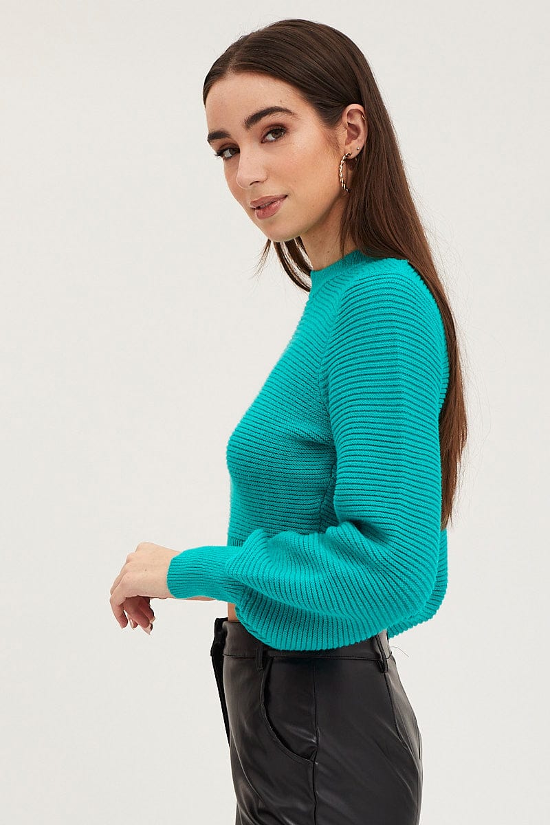 CROP KNITTED Green Knit Top Long Sleeve Crop Round Neck for Women by Ally