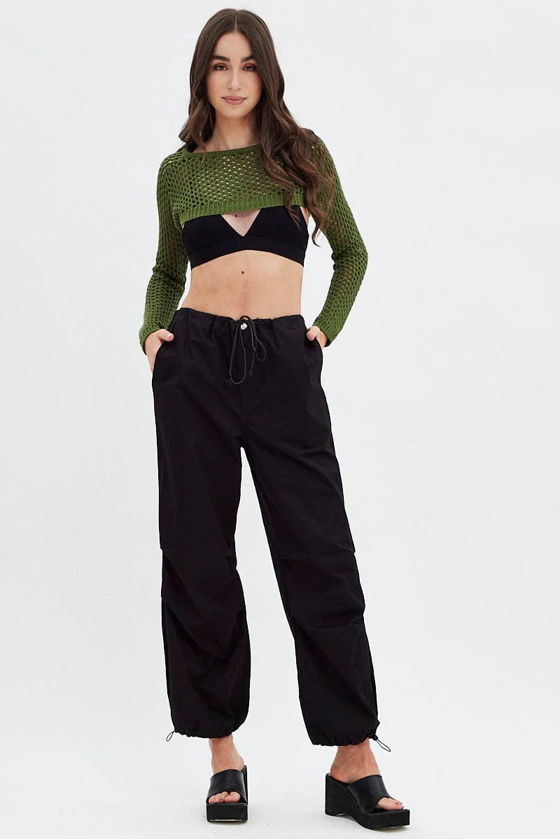 Green Knit Top Long Sleeve Openwork Cropped for Ally Fashion