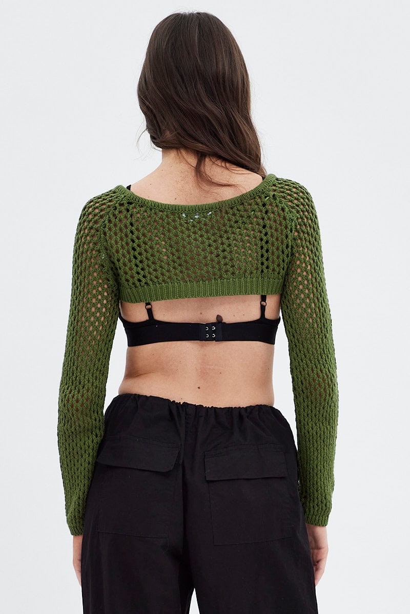 Green Knit Top Long Sleeve Openwork Cropped for Ally Fashion