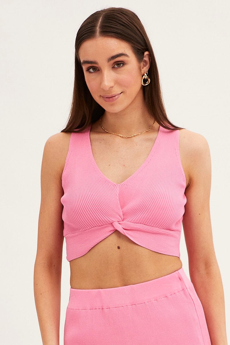 CROP KNITTED Pink Knit Top Crop Sleeveless  V-Neck for Women by Ally