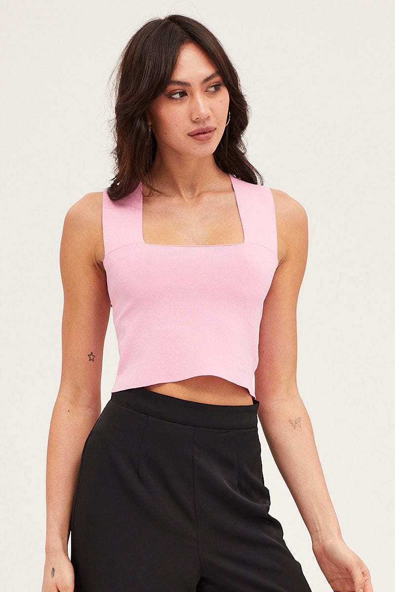 CROP KNITTED Pink Knit Top Sleeveless Crop Square Neck for Women by Ally