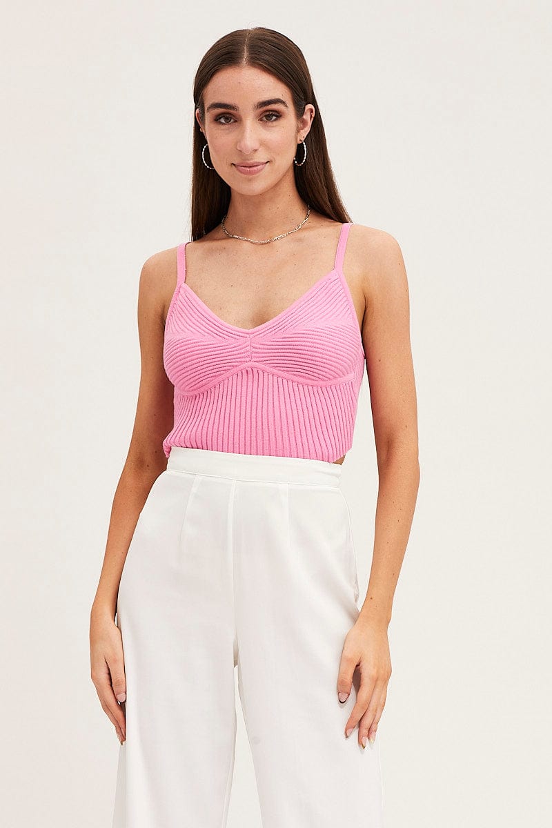 CROP KNITTED Pink Knit Top Sleeveless Ribbed for Women by Ally
