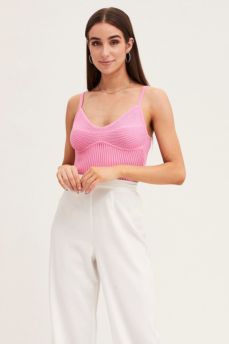 CROP KNITTED Pink Knit Top Sleeveless Ribbed for Women by Ally